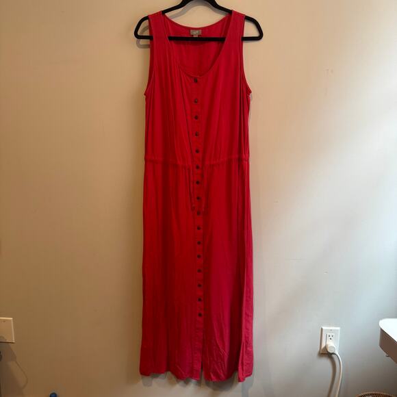 J. Jill Button Front Maxi Dress Watermelon Red Pink Tie Waist Sleeveless Sz L - Picture 1 of 6
